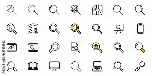 Collection of various search icons including magnifying glasses and digital device search symbols