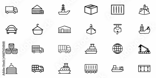 Collection of transportation and logistics icons featuring trucks ships and containers in outline style