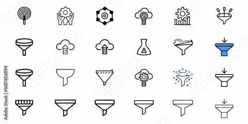 Illustration of various abstract icons including funnels, clouds, gears, and a lollipop in black and white