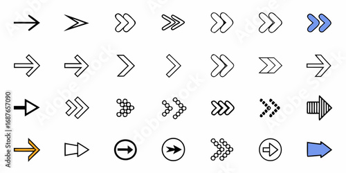 Collection of twenty four diverse arrow designs pointing to the right in various styles and orientations