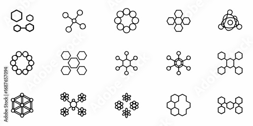 Illustration of various molecular structures including hexagons circles and connected shapes in black outline