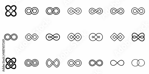 Collection of infinity symbols in various styles and orientations arranged in a grid pattern on white background