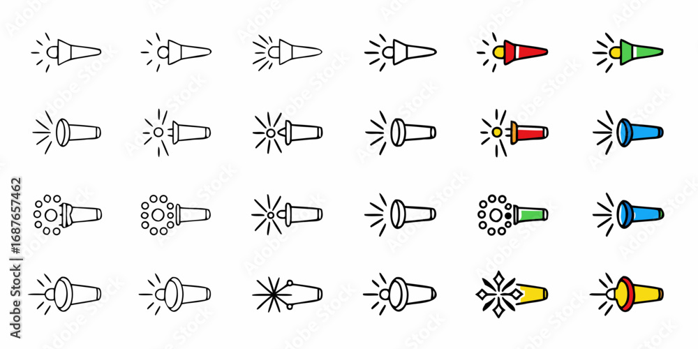 Fototapeta premium Collection of flashlight icons showing different designs and light beam patterns in various colors