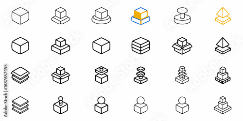 Isometric outline illustrations of cubes pyramids and stacked shapes in various configurations and arrangements