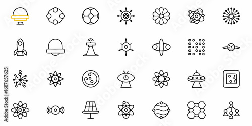Collection of various science and space themed icons including atoms rockets planets and other abstract shapes