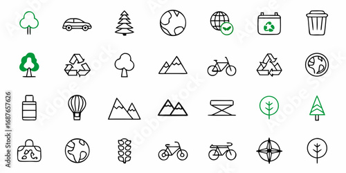 Collection of environmental and travel icons including trees, mountains, earth, and transportation modes
