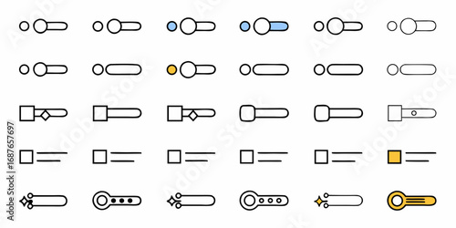 Illustration of various toggle switch designs with different shapes and color accents displayed on white