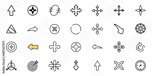 Collection of various direction and orientation icons including arrows and compasses in black and white