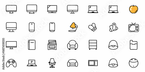 Collection of various electronic devices and home furnishings in minimalist line art style design format