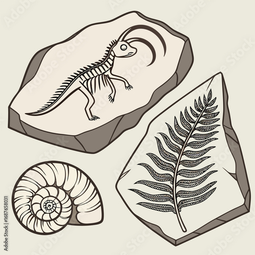 Fossil Collection Featuring Dinosaur Skeleton, Fern, and Seashell Preserved in Stone for Paleontological Study and Geological Documentation