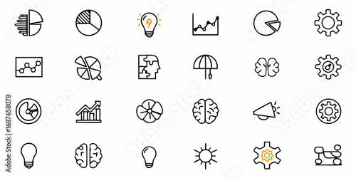 Collection of business and creative icons including charts gears and human brain illustrations