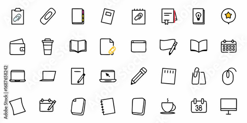 Collection of assorted office and school supplies icons including stationery and digital devices displayed