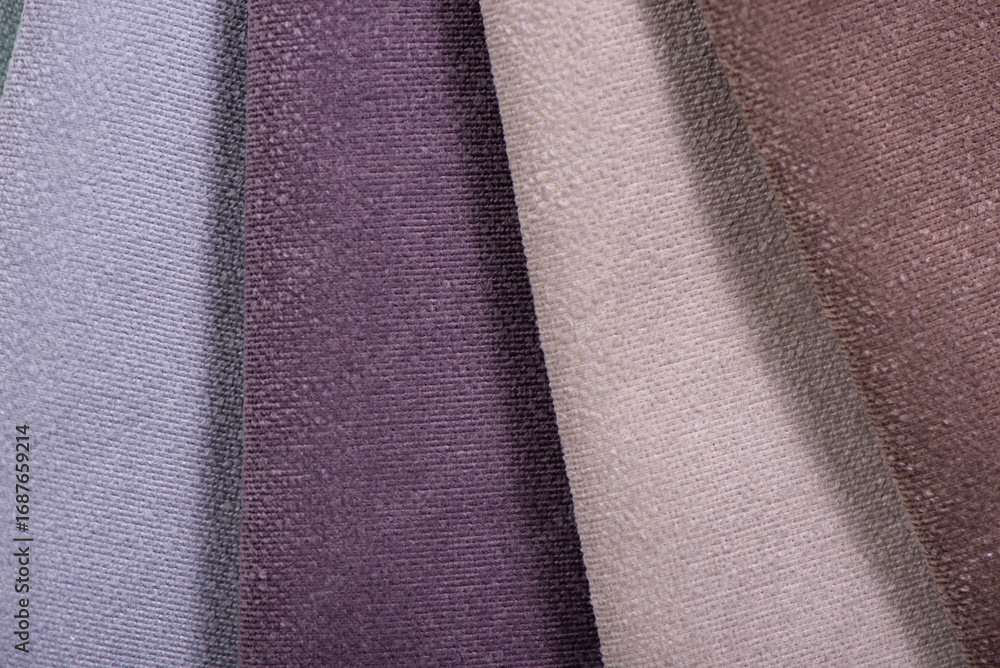 Fototapeta premium Furniture Textile samples. Soft upholstery fabrics. Collection of cozy velour fabric for sofa, couch or chair.
