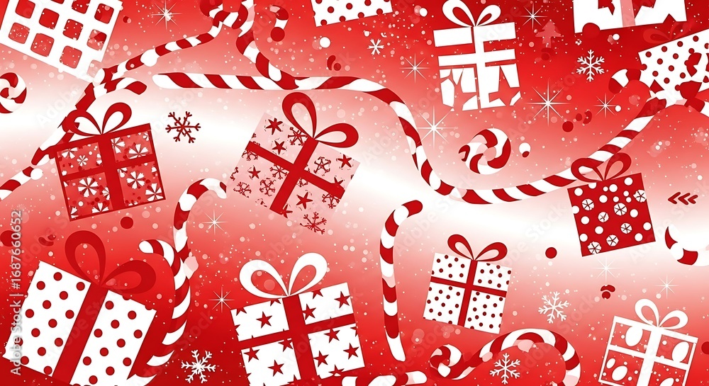 Fototapeta premium A festive red and white christmas background featuring gift boxes, candy canes, and snowflakes, creating a joyful and celebratory atmosphere for holiday designs and greetings