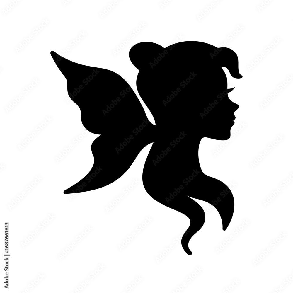 Obraz premium Silhouette of a magical fairy with wings and elegant hairstyle illustration