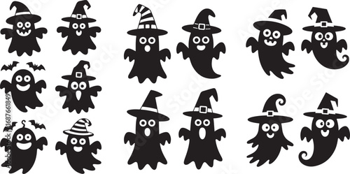 Halloween ghosts with witch hats spooky cute