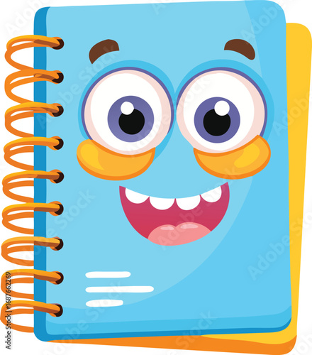 Cartoon Notebook Character with Funny Face and Spiral Binding on Transparent Background.