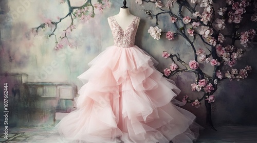 Pastel pink frock with lace embellishments on the bodice and a layered tulle skirt set on a vintage style background with soft diffused lighting and floral accents