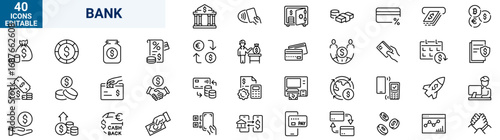 Bank and Finance Icons in Line Style Featuring Money, Credit Cards, Safes, Dollar Signs, Piggy Banks, Loans, Investments, Shields, and Online Banking