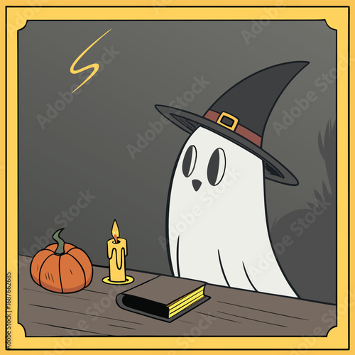 Playful ghost character illustration with vibrant color accents and typographic elements