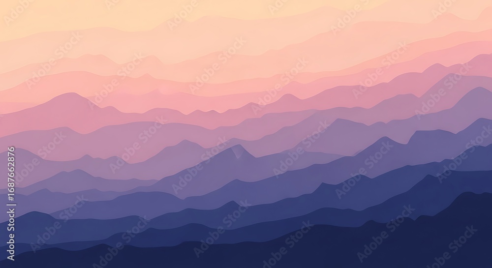 Obraz premium A mesmerizing landscape unfolds with layers of mountains in varying shades of purple and pink, creating a serene and dreamlike atmosphere as the sun sets on the horizon