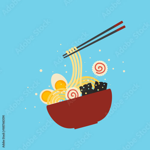 Ramen noodle bowls with egg and toppings. Flat vector illustration of ramen bowls with noodles, boiled egg, vegetables, and chopsticks, Japanese food design, restaurant menu, Asian cuisine graphics.