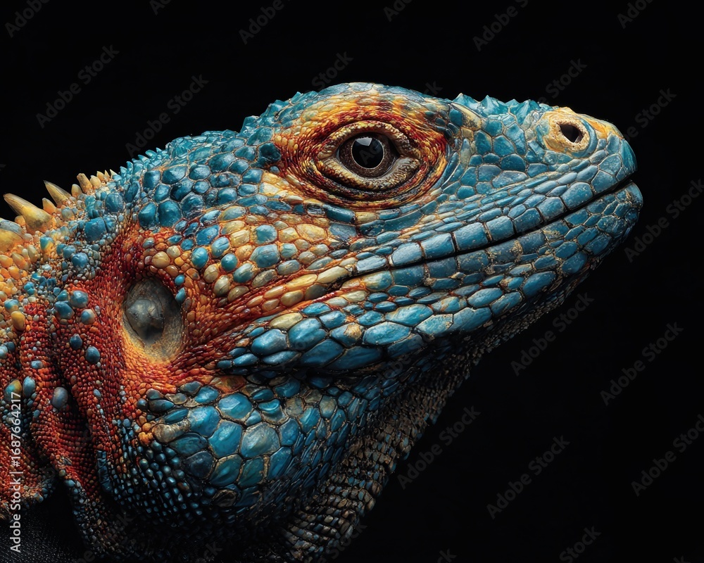 Fototapeta premium Colorful close-up of a textured lizard with vibrant blue and orange scales
