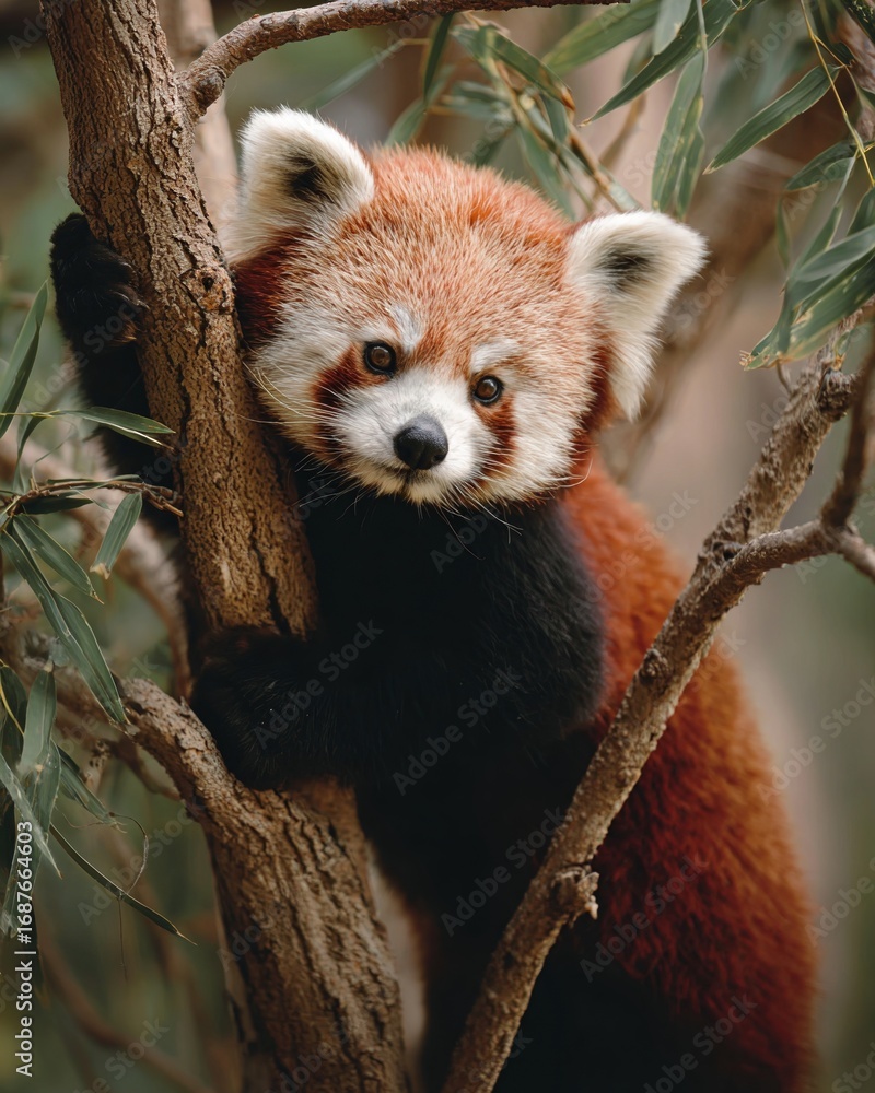 Naklejka premium Charming Red Panda Climbing Tree in Natural Habitat Outdoors