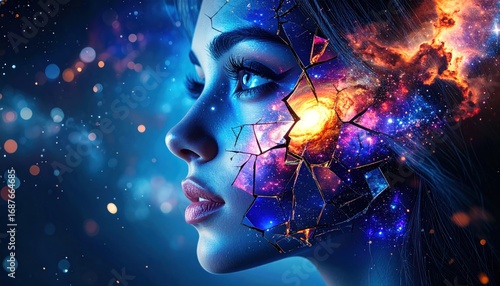 Cosmic Woman Portrait with Universe Inside, Fantasy, and Digital Art.