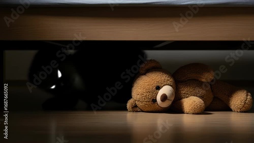 A teddy bear and a monster with glowing eyes under a bed creating a horror atmosphere, fear concept footage.