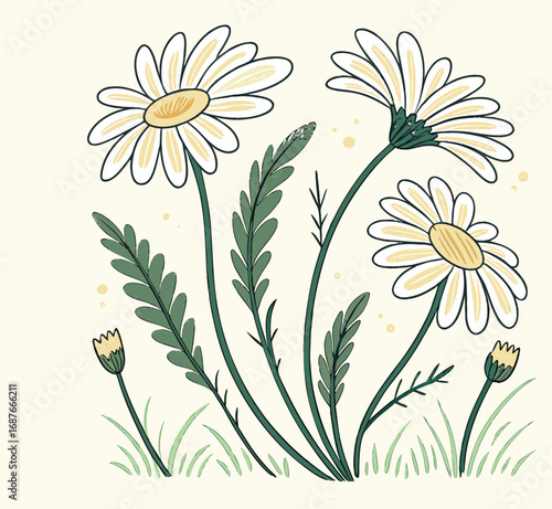 Delightful Daisy Garden Floral Art Illustration Fresh Springtime Vibes with Blooming Daisies and Lush Green Foliage Hand Drawn