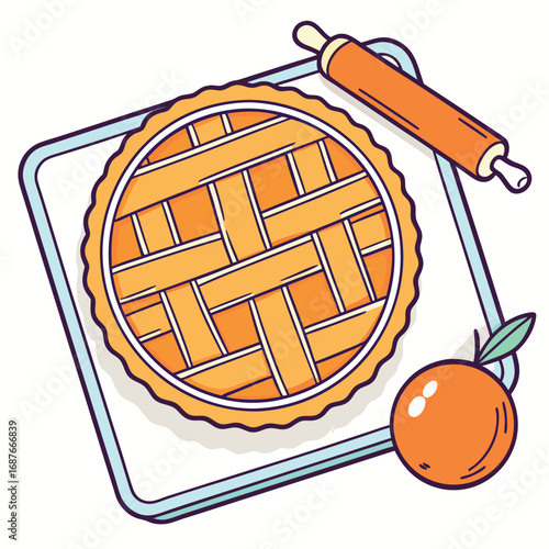 Cartoon orange pie with lattice crust alongside rolling pin and fruit sits atop a dish