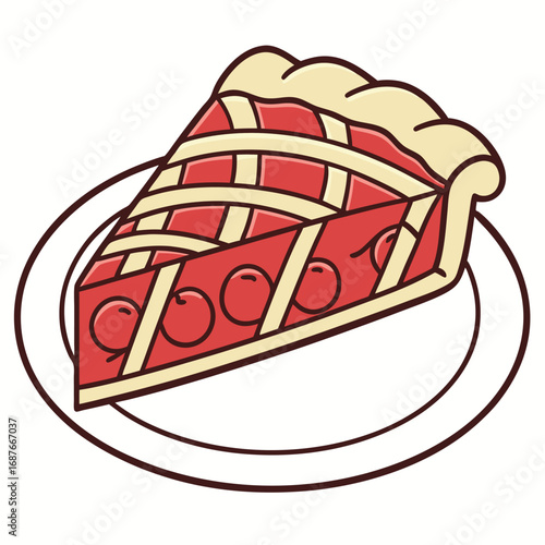 Delicious cartoon cherry pie slice on a white plate looks quite delectable