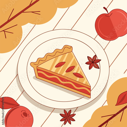 Appetizing slice of apple dessert rests on a dish amidst autumn foliage