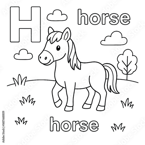 Coloring page of a horse with the letter h clouds and grass in a simple cartoon style illustration