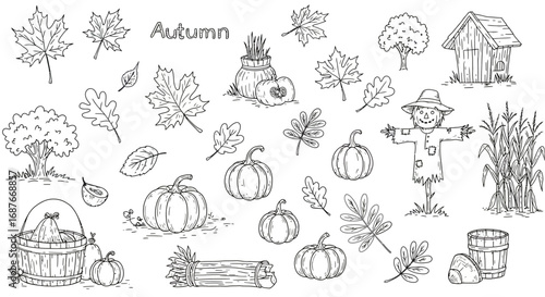 a collection of black-and-white line art illustrations of autumn-themed elements (8)
