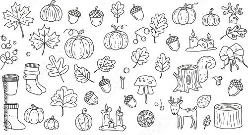 a collection of black-and-white line art illustrations of autumn-themed elements (8)