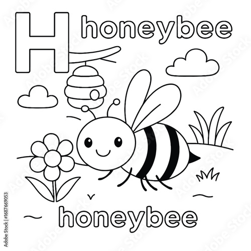 Coloring page featuring a honeybee with a flower, hive, letter h, and the word honeybee twice