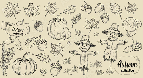 a collection of black-and-white line art illustrations of autumn-themed elements (8)