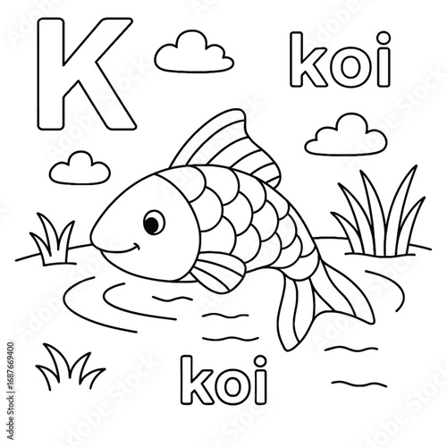 Coloring page featuring the letter k with koi fish clouds and grass in a simple black and white design