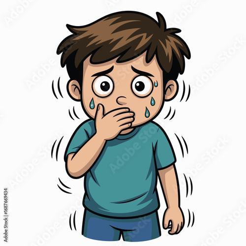 Young boy shivering and afraid covering his mouth