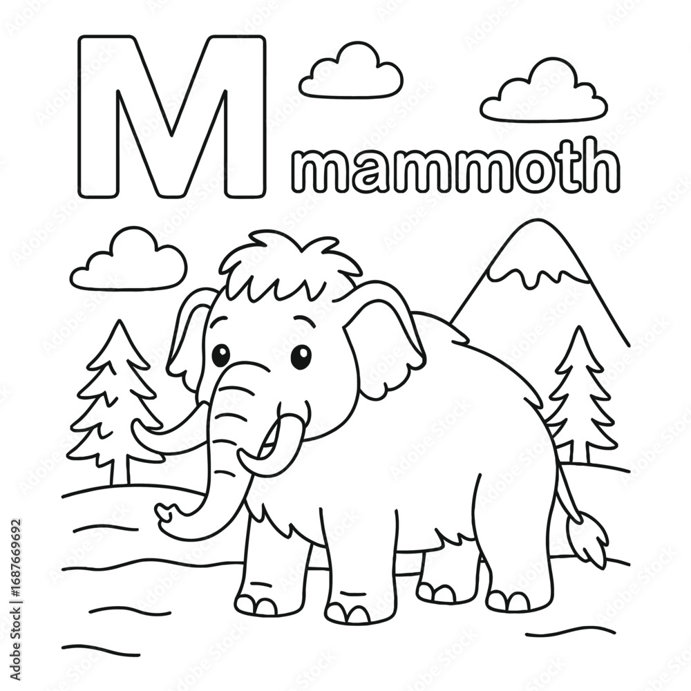 Fototapeta premium Coloring page of a mammoth with the letter m clouds trees and a mountain in a simple line drawing style