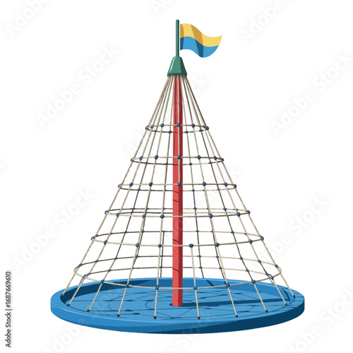 Modern conical climbing net playground structure with blue base and flag