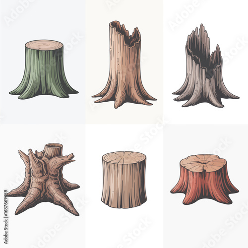 Collection of diverse tree stumps in various textures and colors