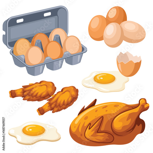 Collection of fresh eggs and cooked chicken dishes