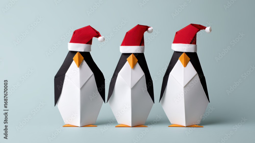 Obraz premium Three festive origami penguins wearing Santa hats, showcasing a playful and creative holiday spirit.