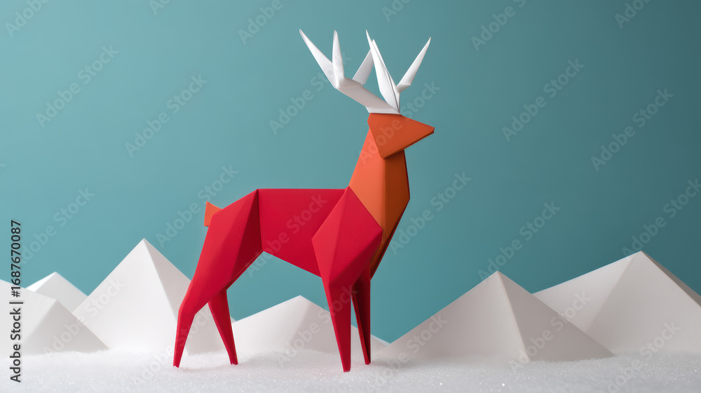 Obraz premium A vibrant geometric deer model stands against a teal backdrop, surrounded by white paper mountains, creating a playful winter scene.