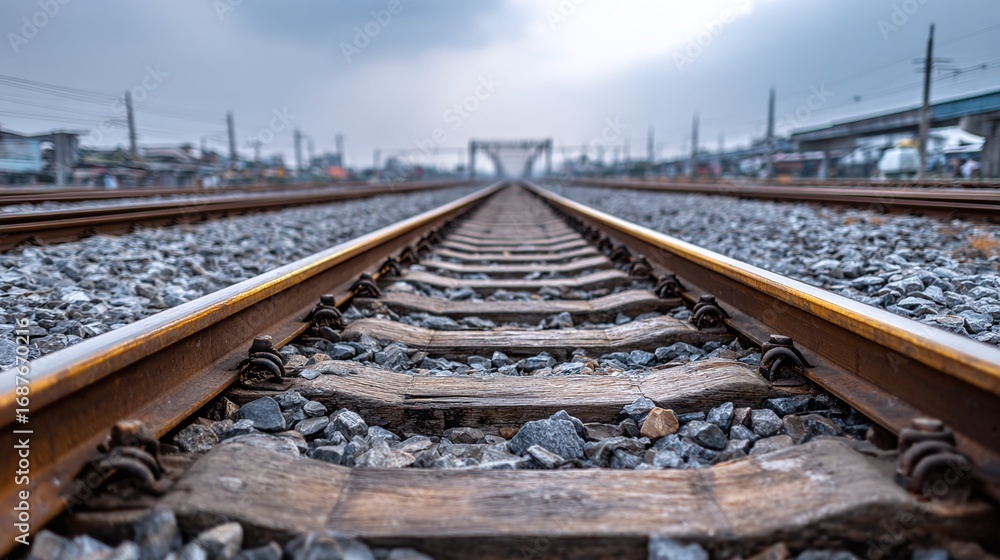 Naklejka premium Railroad tracks stretching into the distance under a cloudy sky, symbolizing journeys, infrastructure, and the path forward.