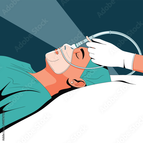 Patient receiving anesthesia mask during medical procedure