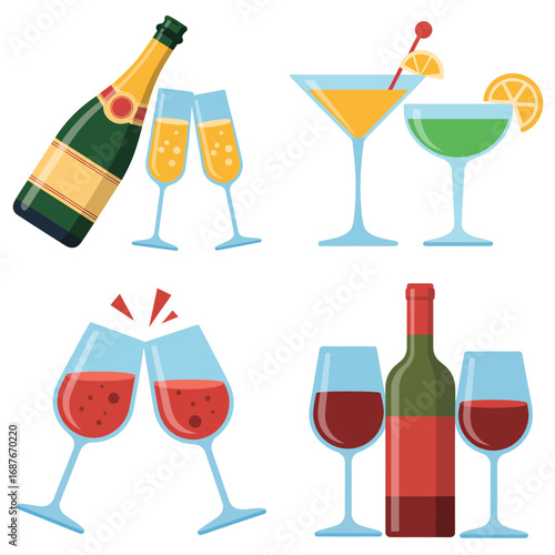 Collection of celebratory alcoholic drinks and bottles for parties